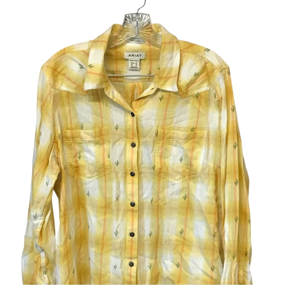 Ariat women Yellow Plaid Shirt Cactus Print XL Billie Jean long sleeve cowgirl - Picture 3 of 11